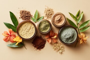 A vibrant arrangement of natural powders and botanical elements in jars, showcasing a colorful and earthy aesthetic.
