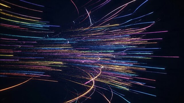 Colorful streaks of light curve and extend across a dark background, abstract digital design