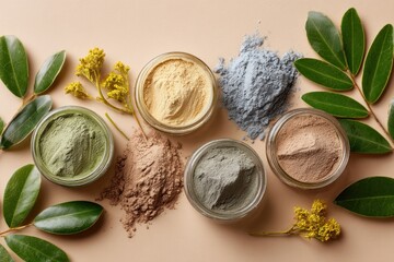 A vibrant arrangement of colorful powders in jars, accompanied by leaves and flowers, showcasing natural ingredients for beauty or wellness applications.