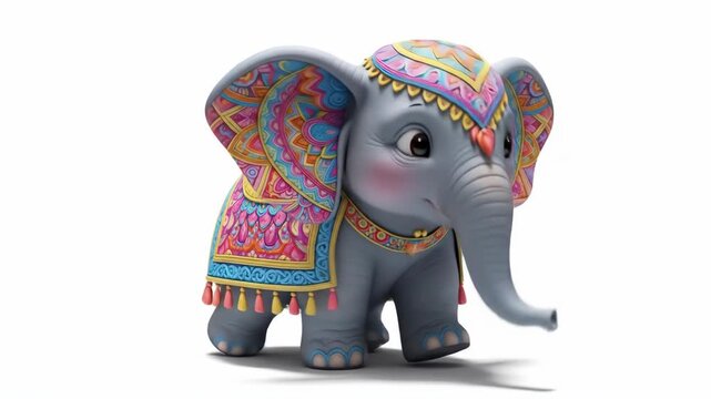 Cute baby elephant with colorful Indian decorations.