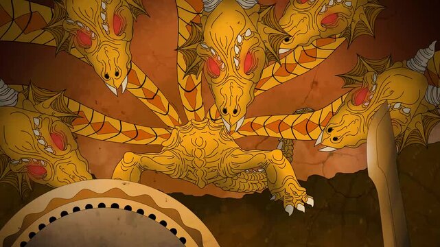hercules fighting the hydra with a shield and a sword