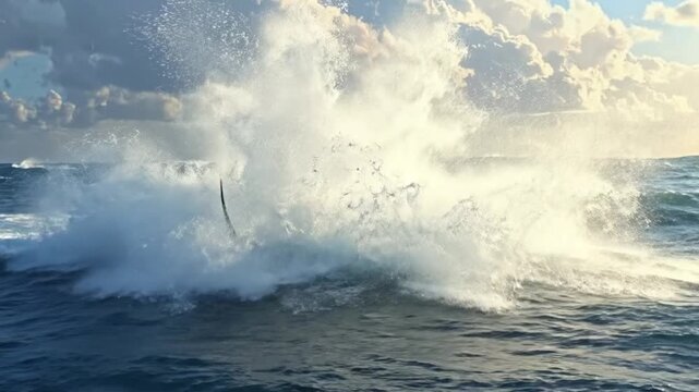 Great white shark leaps out of the ocean, showcasing its power and agility.