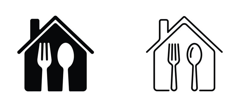Home with spoon and fork icon, Homemade food concept, House cooking logo. Black and white house icons with utensils for food and dining concepts.  Vector illustration
