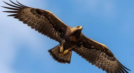 Majestic eagle soaring through a clear blue sky with outstretched wings.