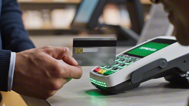 Close up of contactless credit card payment at retail checkout terminal