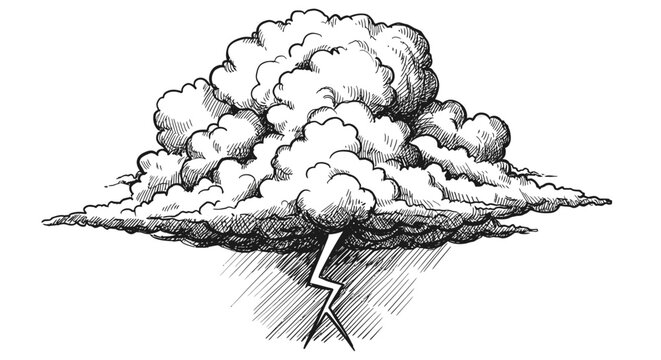 A dramatic hand-drawn illustration captures a powerful storm cloud with a striking lightning bolt, symbolizing impending weather and atmospheric intensity.