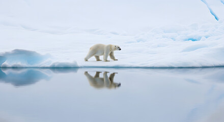 Polar bear walking on ice with reflection in water.