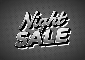 Retro black and white typography banner reading night sale on dotted dark background with bold 3d shadow effect, promotional discount concept.
