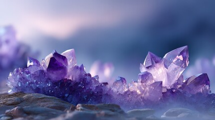 Fototapeta premium Glowing Purple Amethyst Crystal Clusters on Rocks