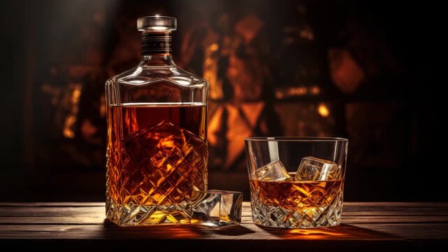 Whiskey glass with cubes and vintage bottle