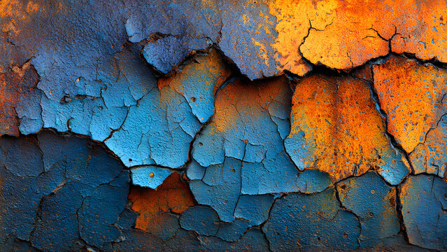 Abstract textured background with peeling paint in vibrant blue and orange hues