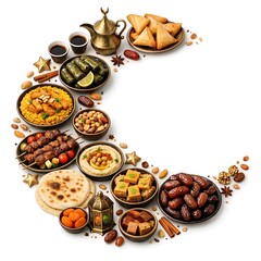 Obraz premium Ramadan Iftar Spread A Crescent Moon of Delicious Foods and Dates Symbolizing Celebration and Tradition