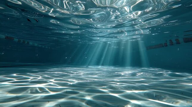 Stunning volumetric rays and dramatic lighting illuminate the surface of a crystal-clear swimming pool. Shot in photorealistic 8K with cinematic focus tracking, soft shadows, and a 16:9 widescreen asp