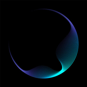 Abstract vector round shape of wavy lines flowing smooth curve blue green light gradient on black background in concept of technology, science, music, modern.
