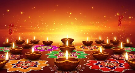 Diwali celebration with lit diyas and colorful rangoli designs.