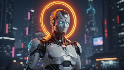 Naklejka premium Cybernetic Gaze: A futuristic humanoid robot stands confidently against a vibrant cityscape.