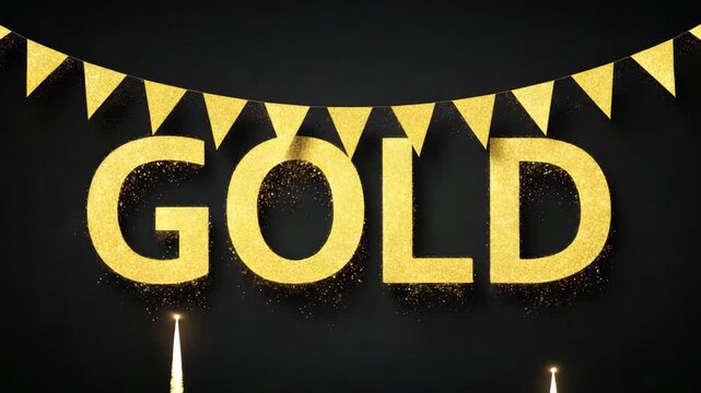 Gold text with festive flags and celebration
