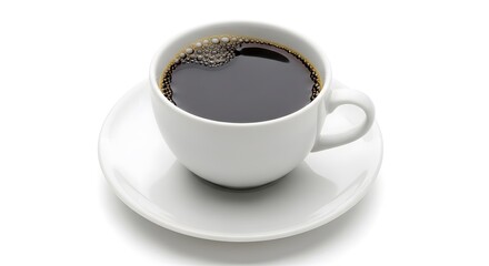 Obraz premium White coffee cup filled with dark coffee on a saucer. Ideal for coffee shop branding, menu design, or coffeerelated marketing materials.