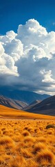 Obraz premium Vast Tibetan plateau, golden grass, dramatic cloudy sky, natural beauty, Tibet