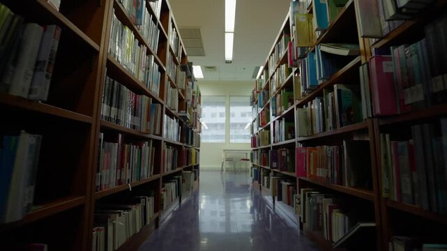 Interior of a university library with bookshelves arranged in rows at a university in Bangkok, Thailand.