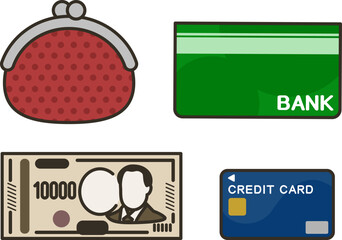 お財布と通帳と一万円札とクレジットカード。銀行。貯金。家計。

