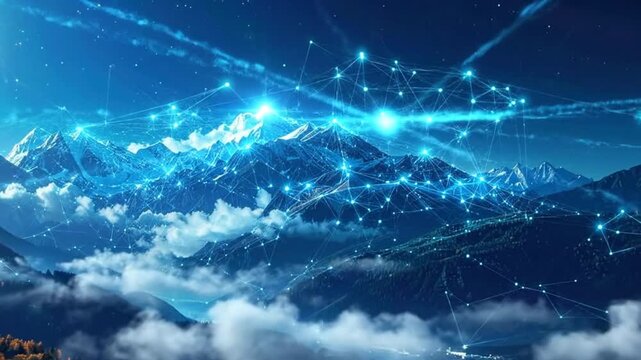 Majestic mountain range illuminated by a network of glowing connections, symbolizing technology and nature.