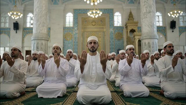 Muslim men praying together inside a mosque with traditional Islamic clothing and architectural patterns, calm spiritual atmosphere representing faith belief and religion, 4k video footage