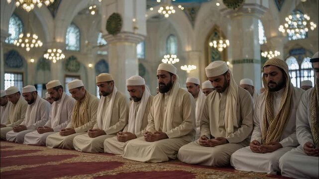 Muslim men praying together inside a mosque with traditional Islamic clothing and architectural patterns, calm spiritual atmosphere representing faith belief and religion, 4k video footage