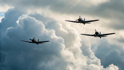 Fototapeta premium Vintage planes flying in formation against cloudy sky