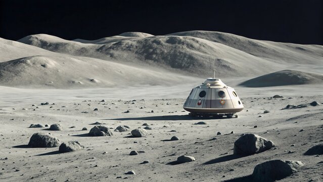 Space exploration vehicle on lunar surface with rocky terrain