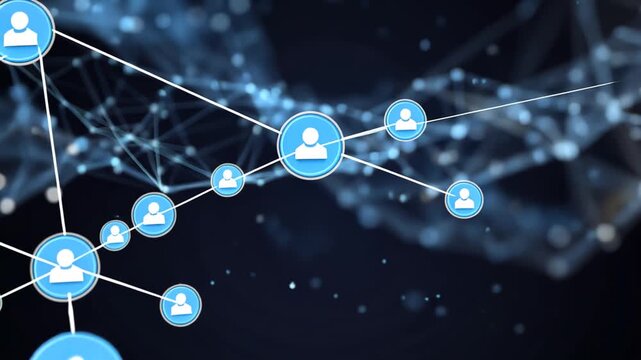 A futuristic network illustration with a human icon connected to a web of lines and dots on a dark background.