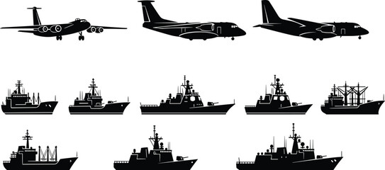 Collection of Cargo Airplane and Naval Ship Silhouettes Vector Illustration Isolated on White Background Detailed Black Military Vessel and Freight Aircraft Transport Design © MstNasrin