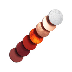 Circular makeup pans in a diagonal gradient, from matte red and orange to shimmery silver