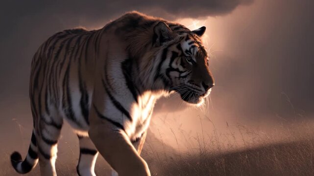 Tiger walking under dramatic lightning sky