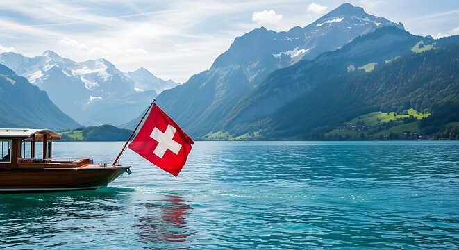 Swiss flag on boat with lake and mountain backdrop, Switzerland.