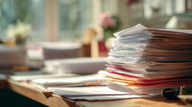 Stacks of papers and scattered stationery create a lively workspace filled with potential Generative AI