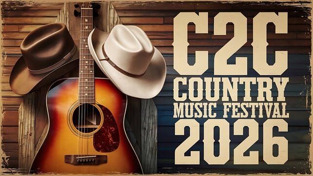 C2c country music festival 2026 promotional poster featuring a guitar and cowboy hats