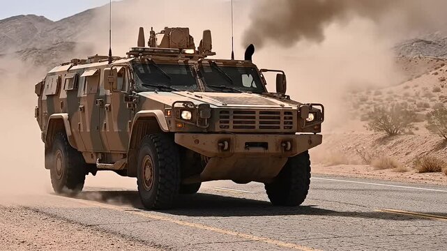 Armored military vehicle patrolling rapidly across desert road creating large dust cloud during security operation