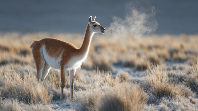 Vicu&ntilde;a Spitting Defensively on Frosty Andean Altiplano