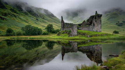 Fototapeta premium scottish highlands: lakes & castle ruins with swirling mist