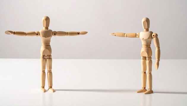 Two wooden artist mannequins with different arm positions, one in T-pose, one with bent arm, symbolizing gesture drawing, posture study, and body language.