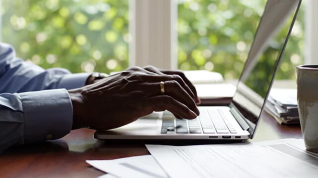 Person type on laptop computer at desk with bright window light