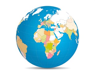 Fototapeta premium A globe centered on Africa with blue oceans and colored countries