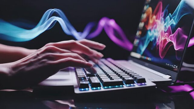 Person typing on computer laptop keyboard with abstract design elements