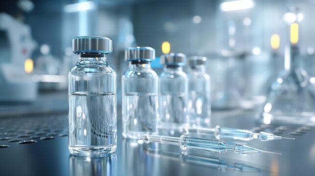 Sterile diagnostics lab with clear glass vials softly glowing analytical equipment and precise pipettes resting on reflective metal