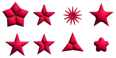 Obraz premium Set of Eight Different 3D Red Star Shapes Isolated on Black