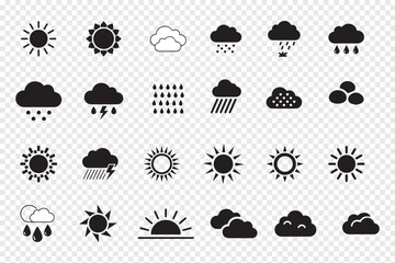 Collection of black and white weather icons, including sun, clouds, rain, lightning, and sunrise symbols, perfect for forecasts and climate design.