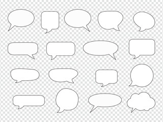 Large collection of diverse blank speech and thought bubbles in outline style on a transparent background, offering versatile communication design elements.
