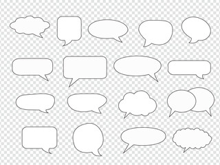 Hand-drawn outline collection of diverse speech and thought bubbles in various shapes and sizes, perfect for comic strips and dialogue design.