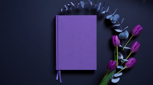 Purple notebook with floral decoration on dark creative background
